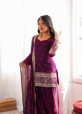 Wine Silk Embroidered Kurta Bell Bottom Set ClothsVilla