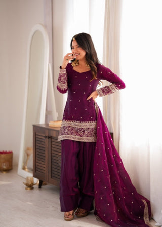 Wine Silk Embroidered Kurta Bell Bottom Set ClothsVilla