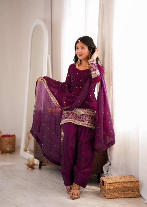 Wine Silk Embroidered Kurta Bell Bottom Set ClothsVilla