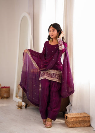 Wine Silk Embroidered Kurta Bell Bottom Set ClothsVilla