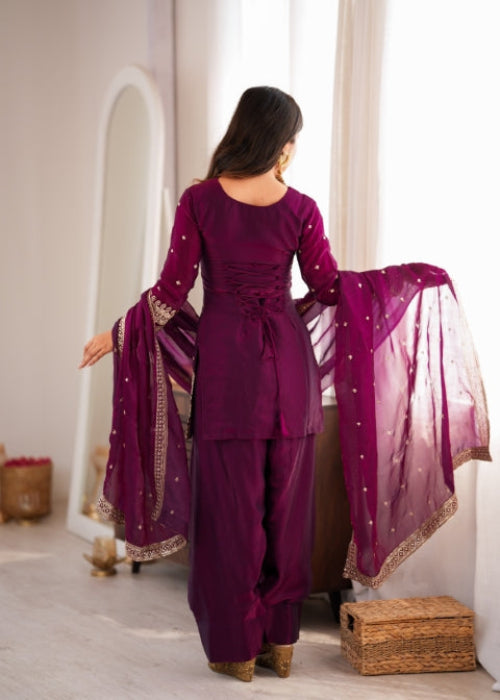 Wine Silk Embroidered Kurta Bell Bottom Set ClothsVilla