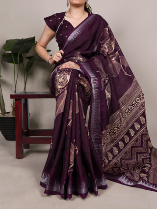 Wine Silk Floral Printed Saree ClothsVilla