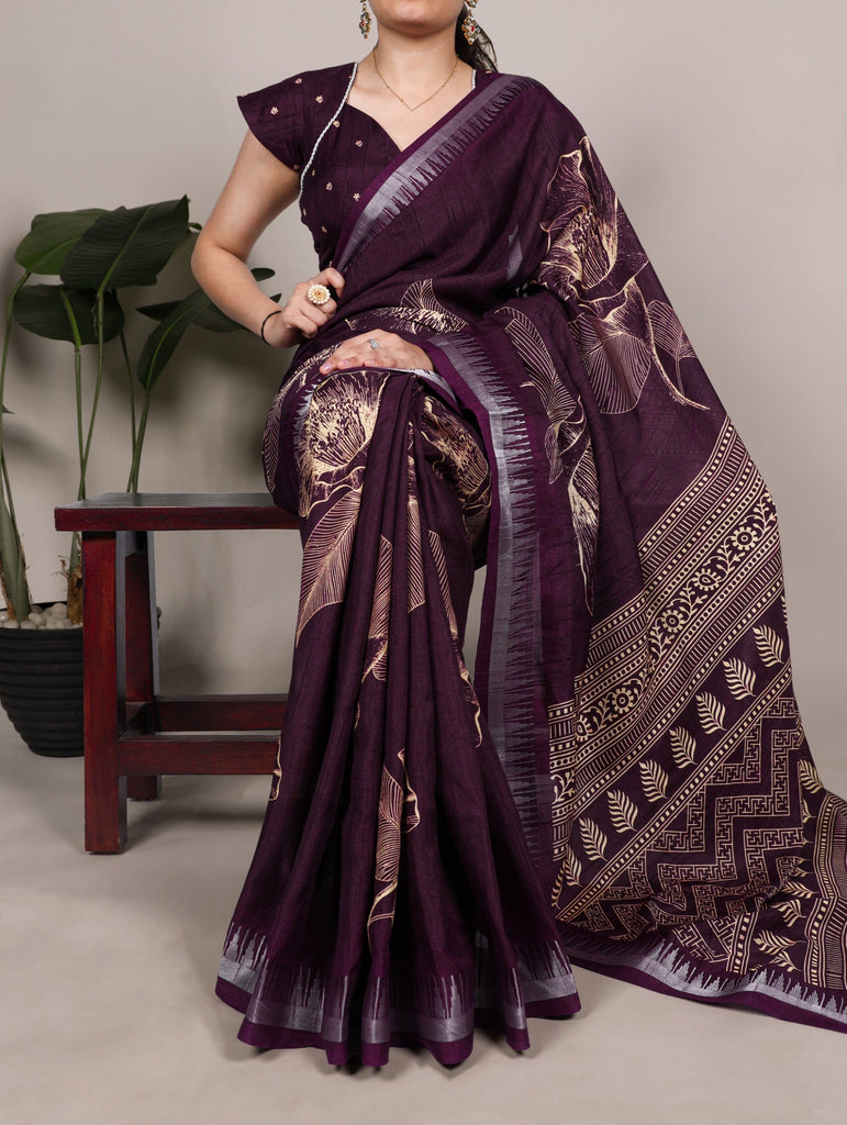 Wine Silk Floral Printed Saree ClothsVilla