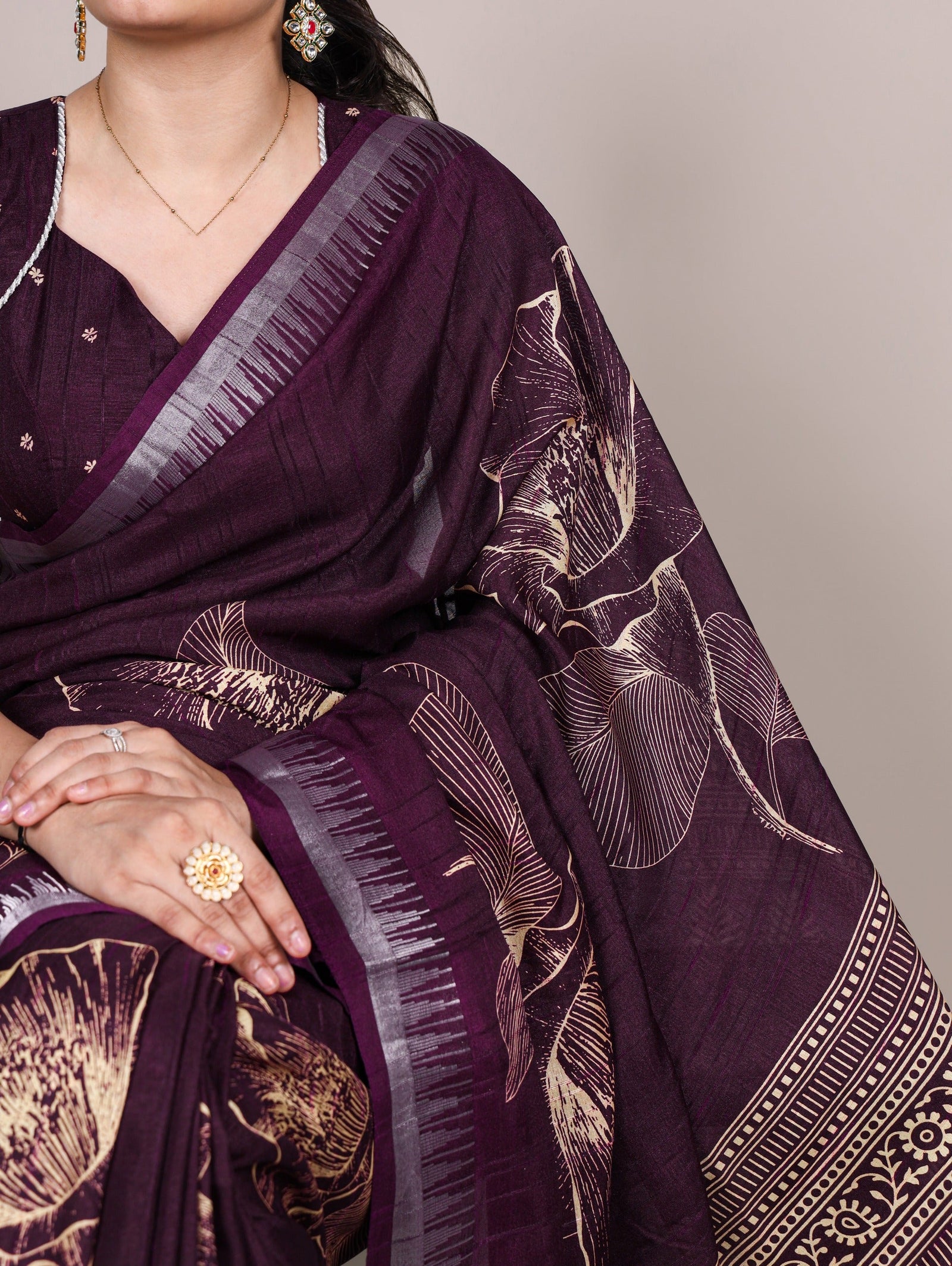 Wine Silk Floral Printed Saree ClothsVilla