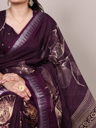 Wine Silk Floral Printed Saree ClothsVilla