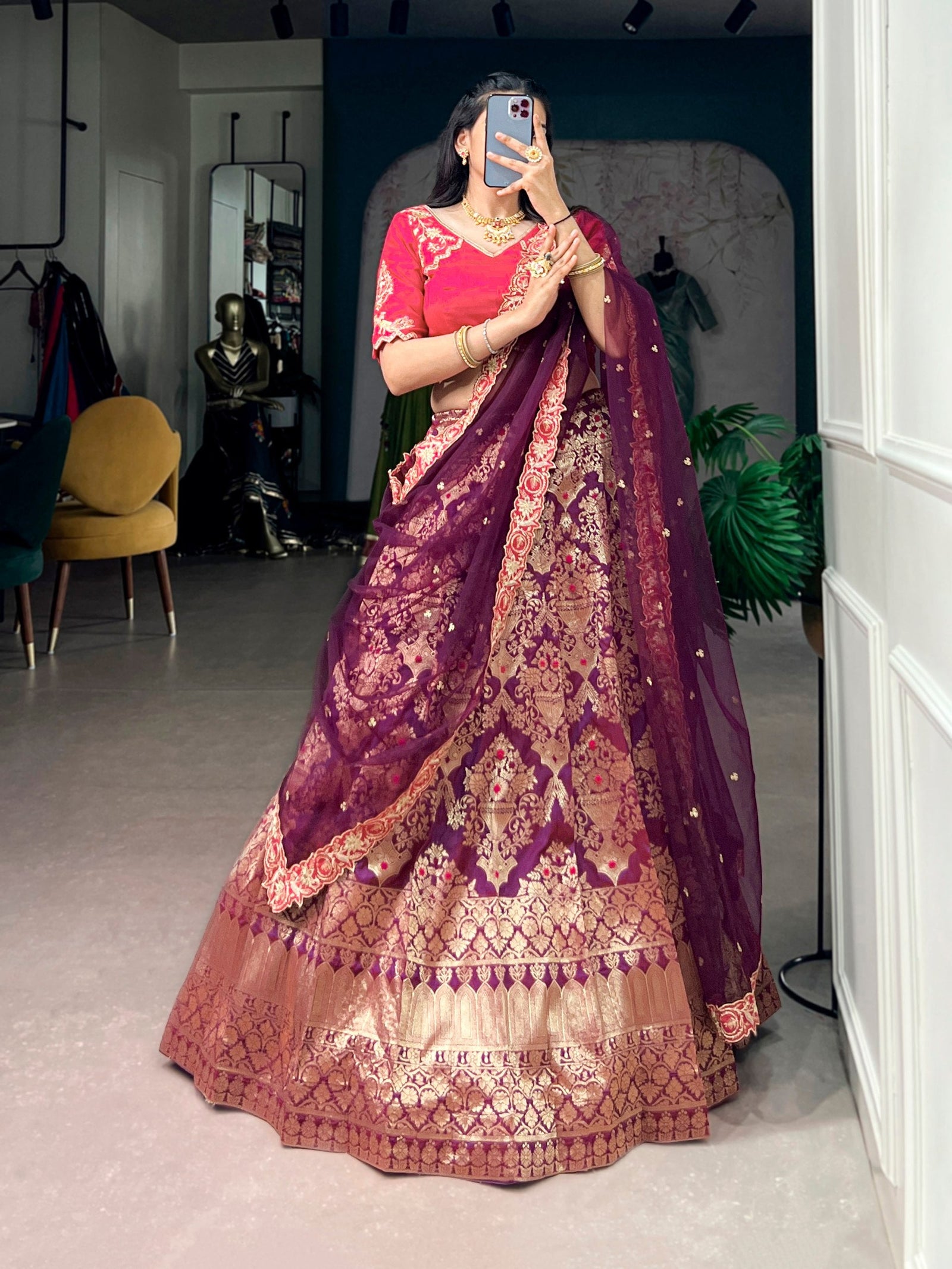 Wine Silk Lehenga Choli with Zari Work ClothsVilla