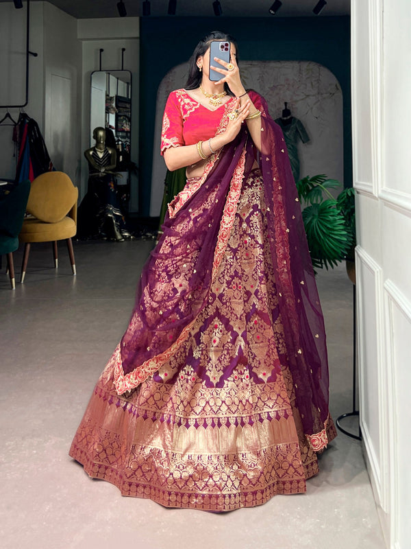 Wine Silk Lehenga Choli with Zari Work ClothsVilla