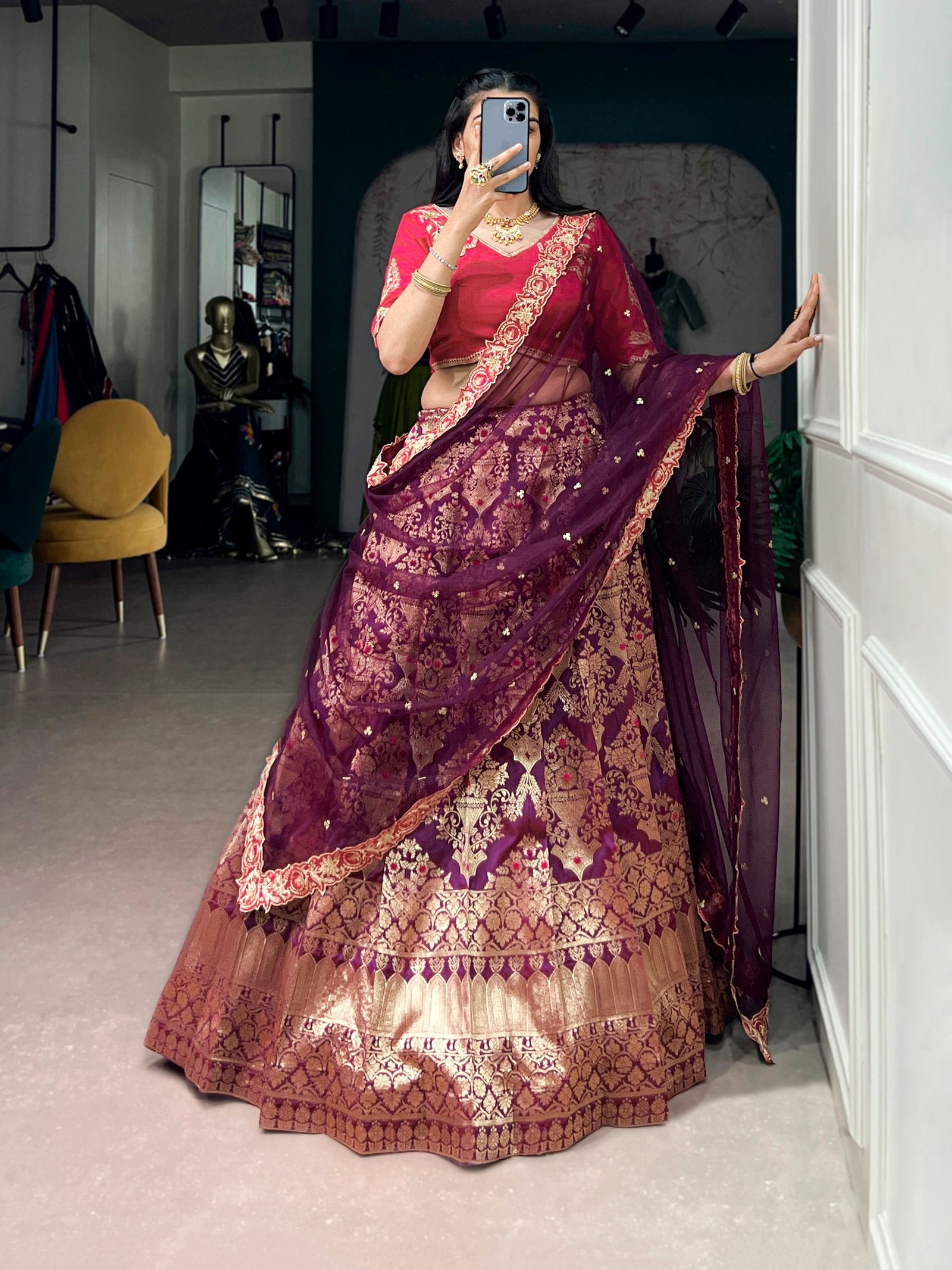 Wine Silk Lehenga Choli with Zari Work ClothsVilla