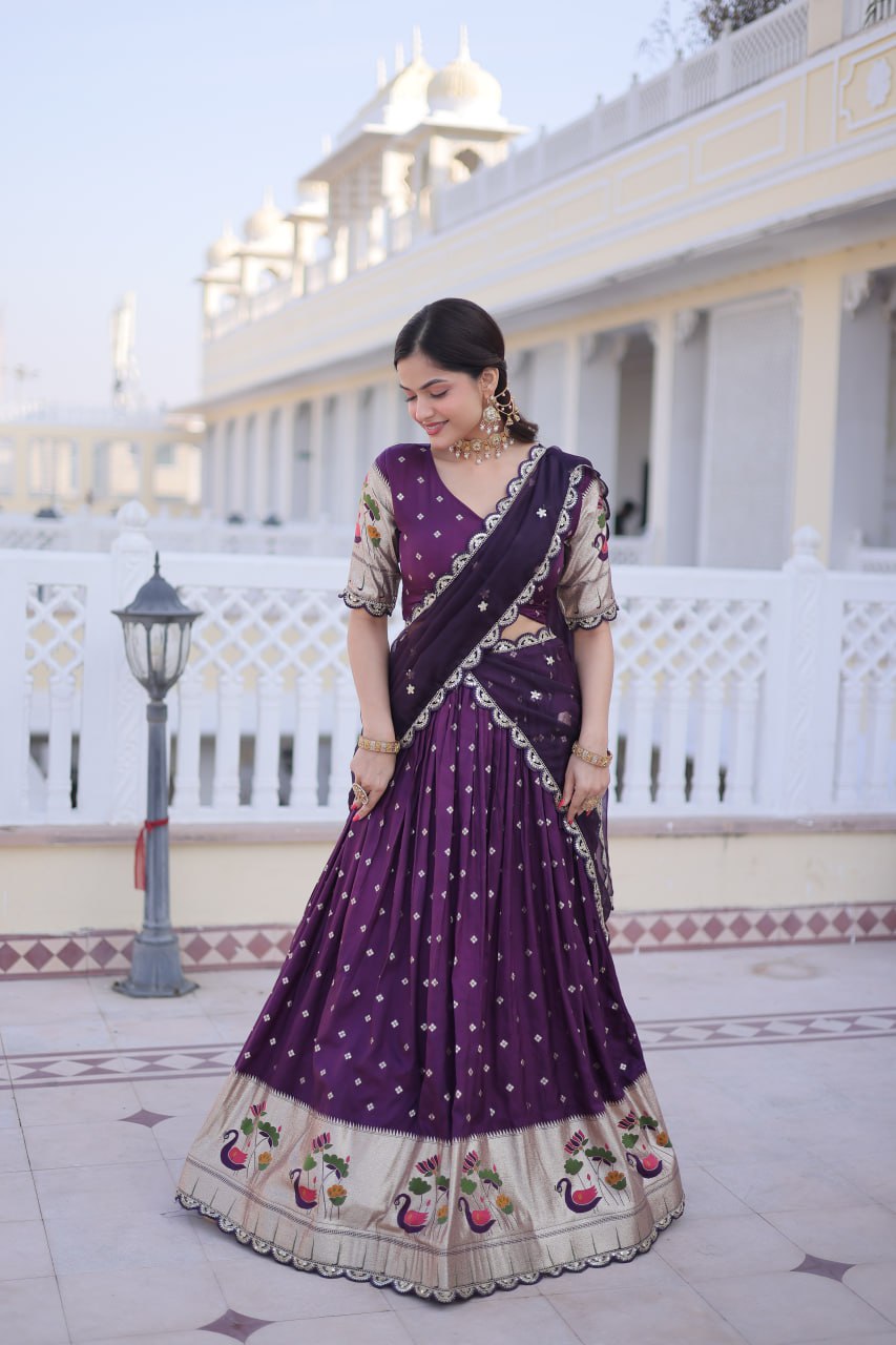 Wine Silk Meena Weaving Lehenga ClothsVilla