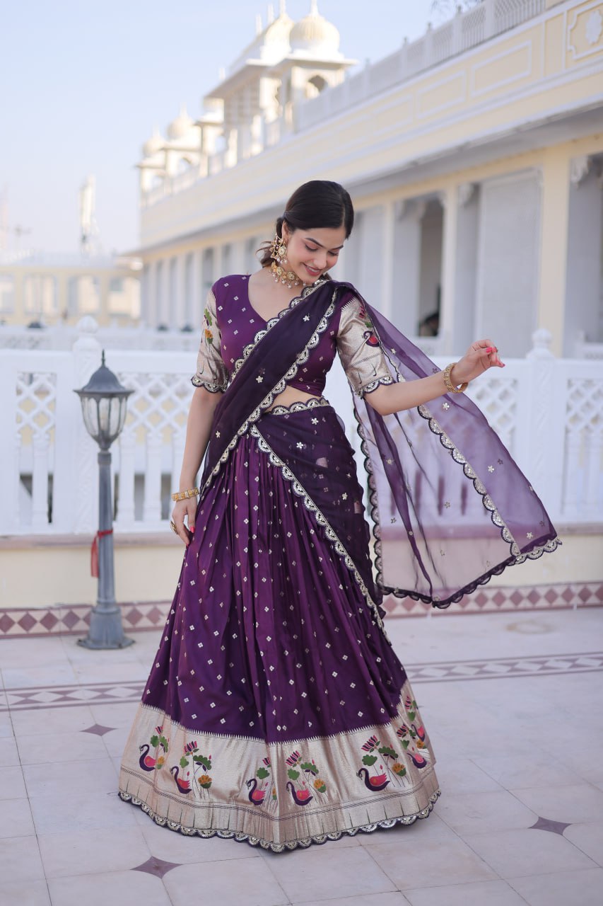 Wine Silk Meena Weaving Lehenga ClothsVilla