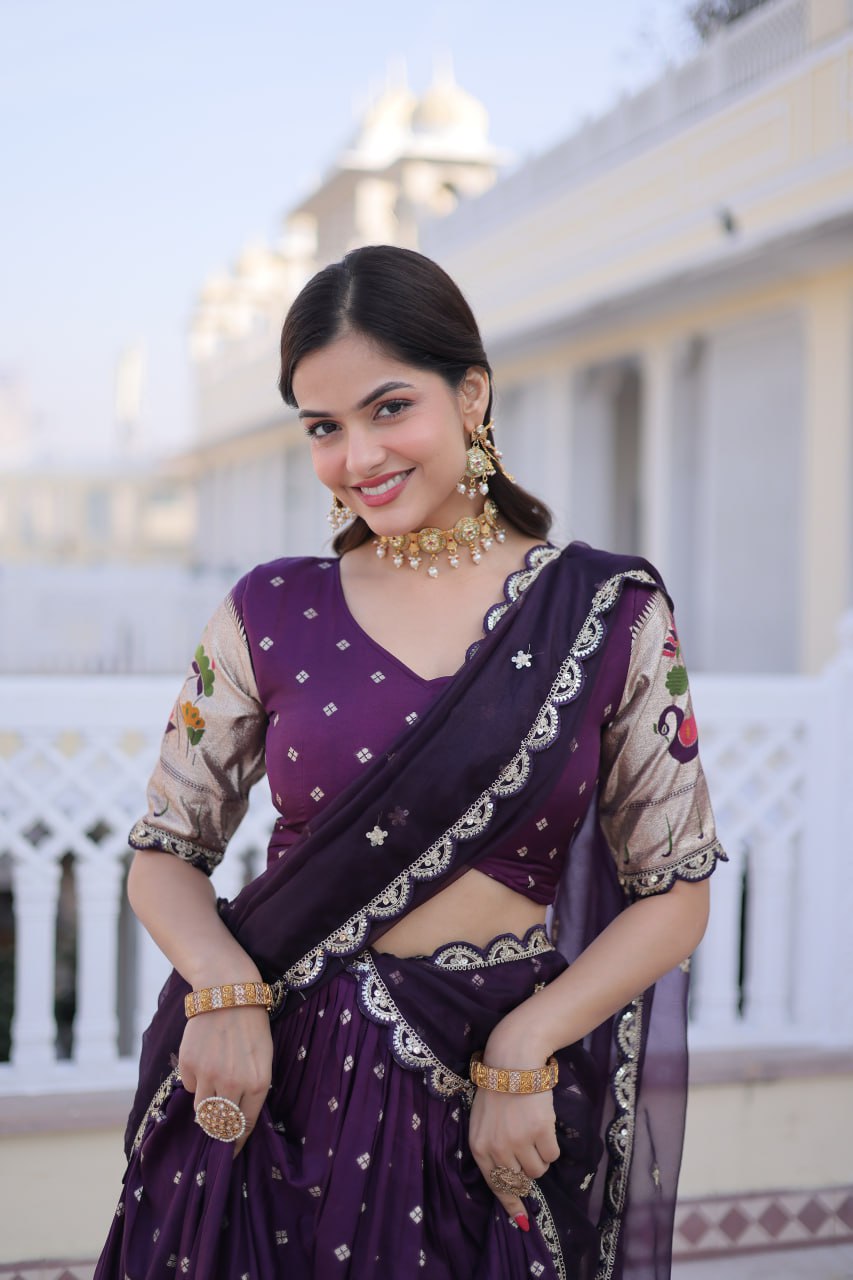 Wine Silk Meena Weaving Lehenga ClothsVilla