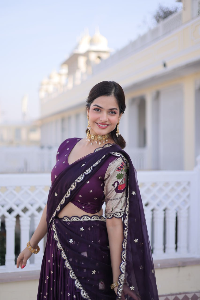 Wine Silk Meena Weaving Lehenga ClothsVilla