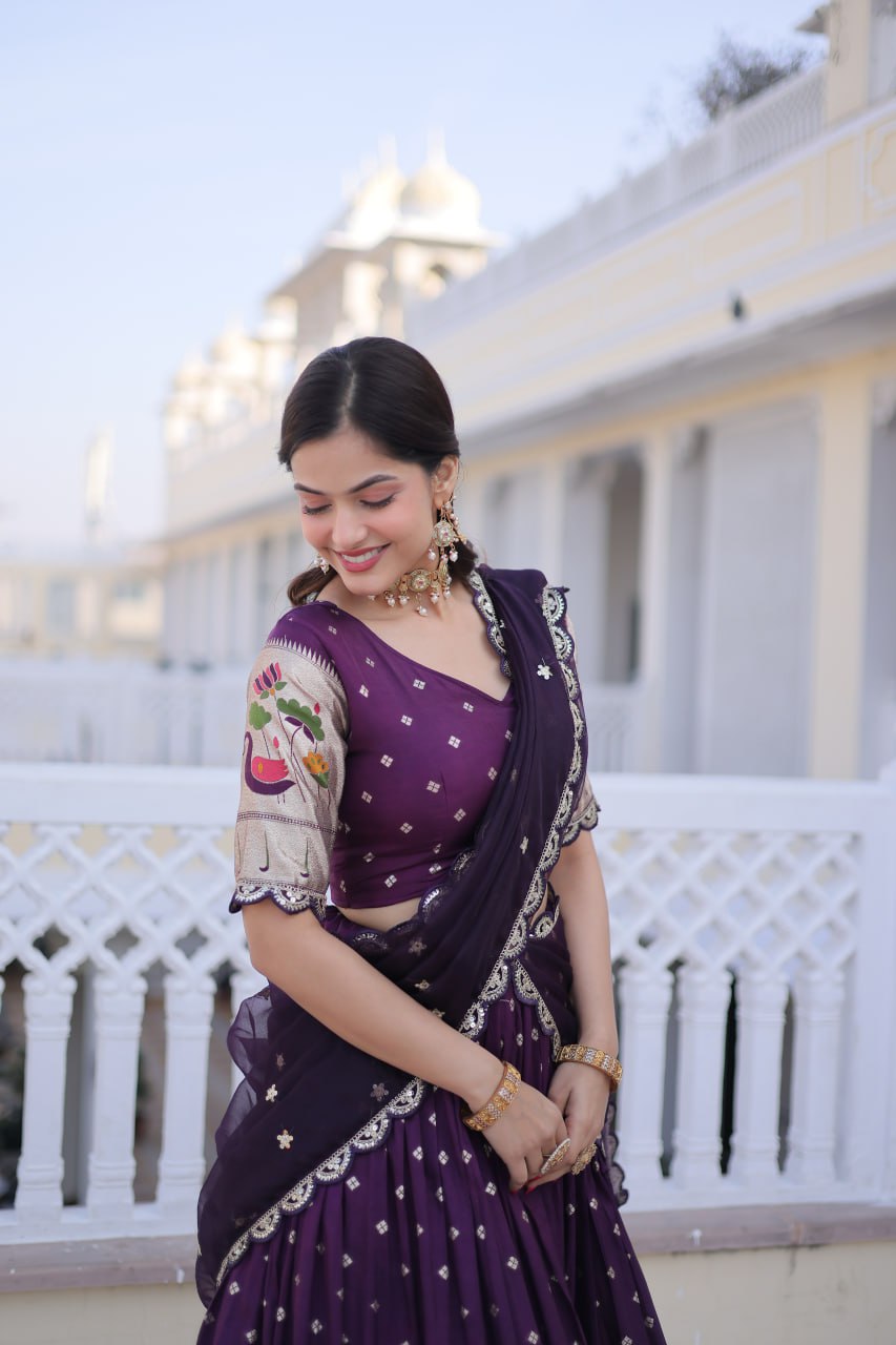 Wine Silk Meena Weaving Lehenga ClothsVilla