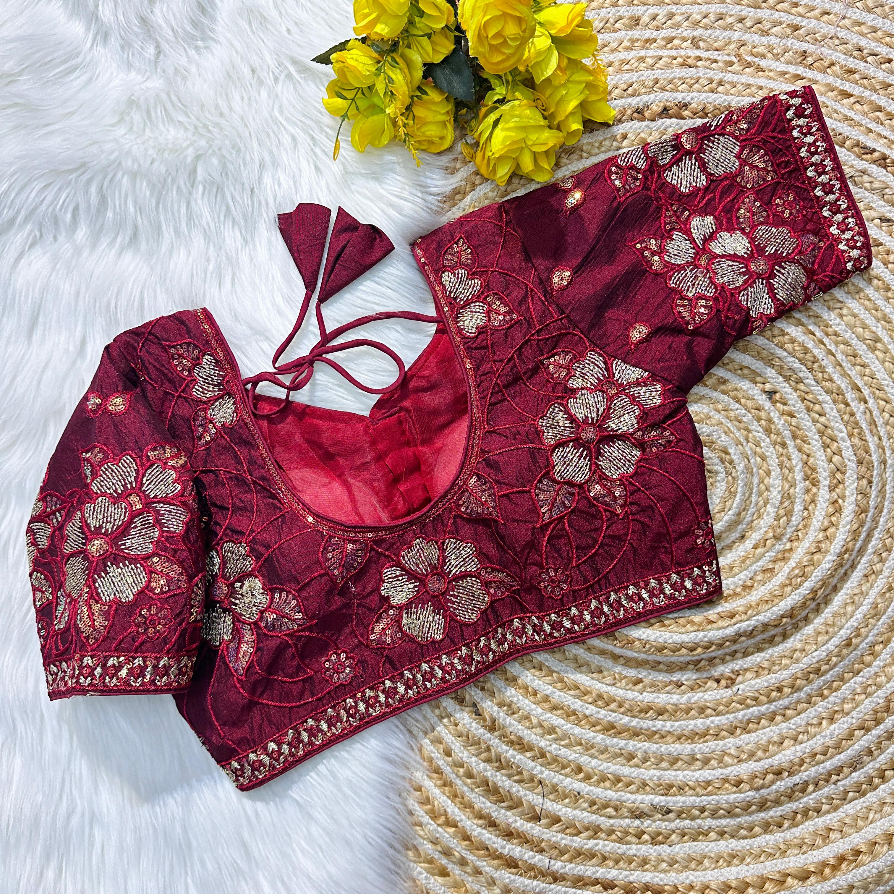 Wine Soft Silk Blouse with Beautiful Embroidery and Sequence Accents ClothsVilla Main image
