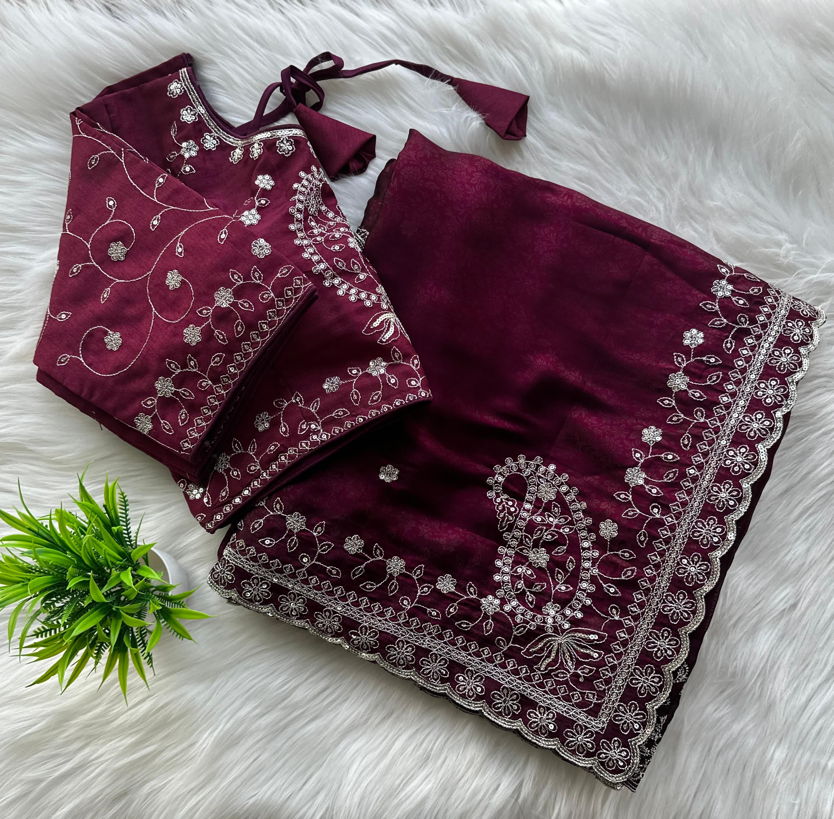 Wine Soft Silk Saree with Elegant Rubber Weaving & Heavy Embroidery Work ClothsVilla Main image