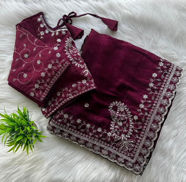 Wine Soft Silk Saree with Elegant Rubber Weaving & Heavy Embroidery Work ClothsVilla