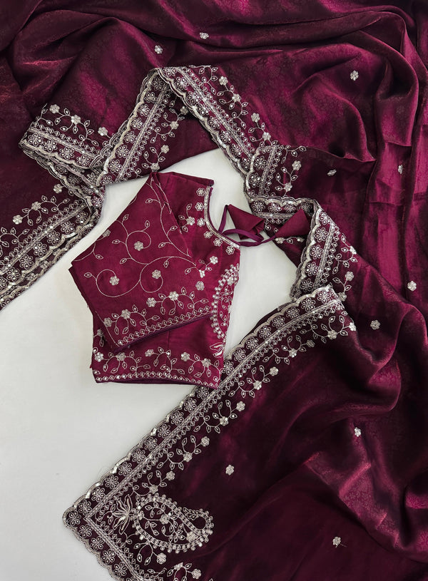Wine Soft Silk Saree with Elegant Rubber Weaving & Heavy Embroidery Work ClothsVilla