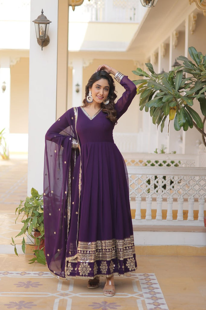 Wine Sparkling Faux Blooming Gown with Embroidered Sequins & Designer Lace Dupatta ClothsVilla