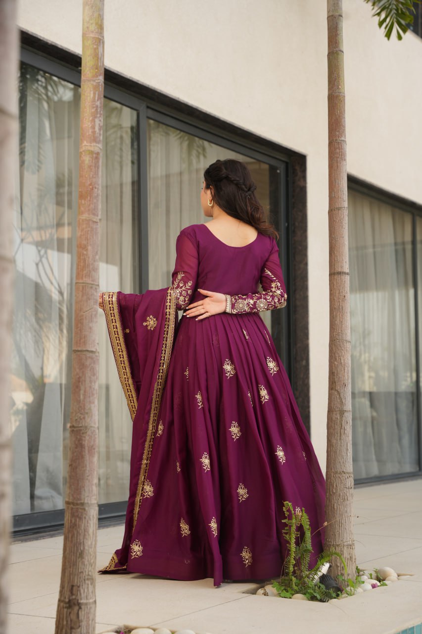 Wine Star Georgette Embroidered Gown with Sequins Work & Designer Dupatta – Festiv Collection ClothsVilla