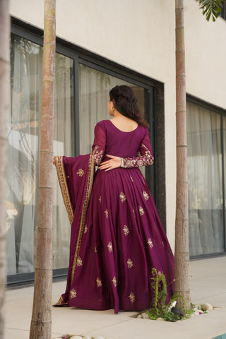 Wine Star Georgette Embroidered Gown with Sequins Work & Designer Dupatta – Festiv Collection ClothsVilla