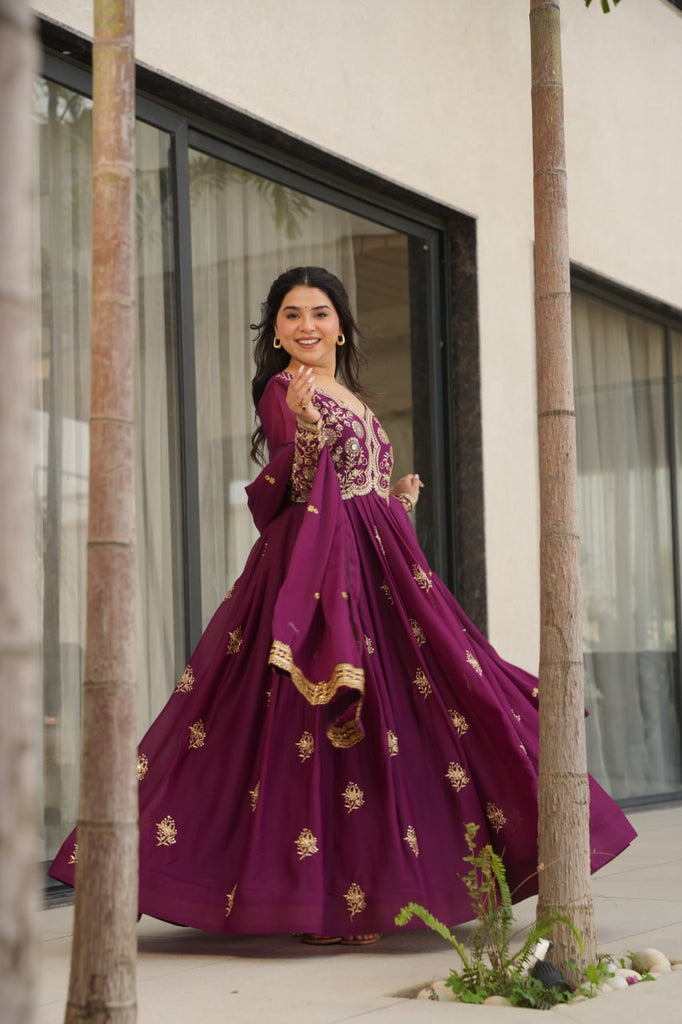 Wine Star Georgette Embroidered Gown with Sequins Work & Designer Dupatta – Festiv Collection ClothsVilla