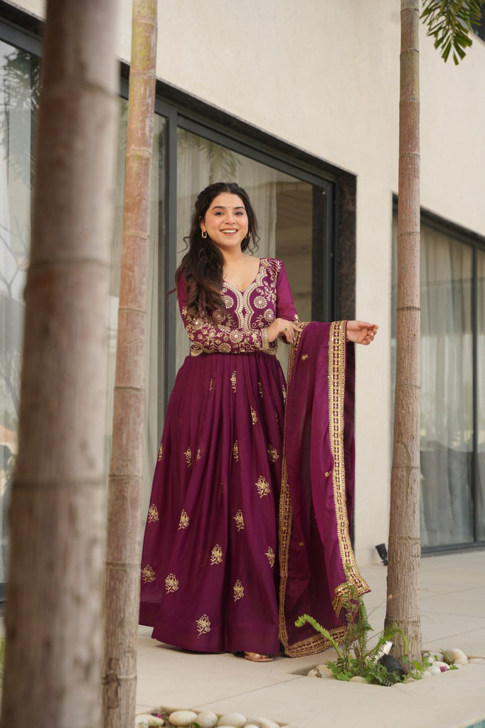 Wine Star Georgette Embroidered Gown with Sequins Work & Designer Dupatta – Festiv Collection ClothsVilla