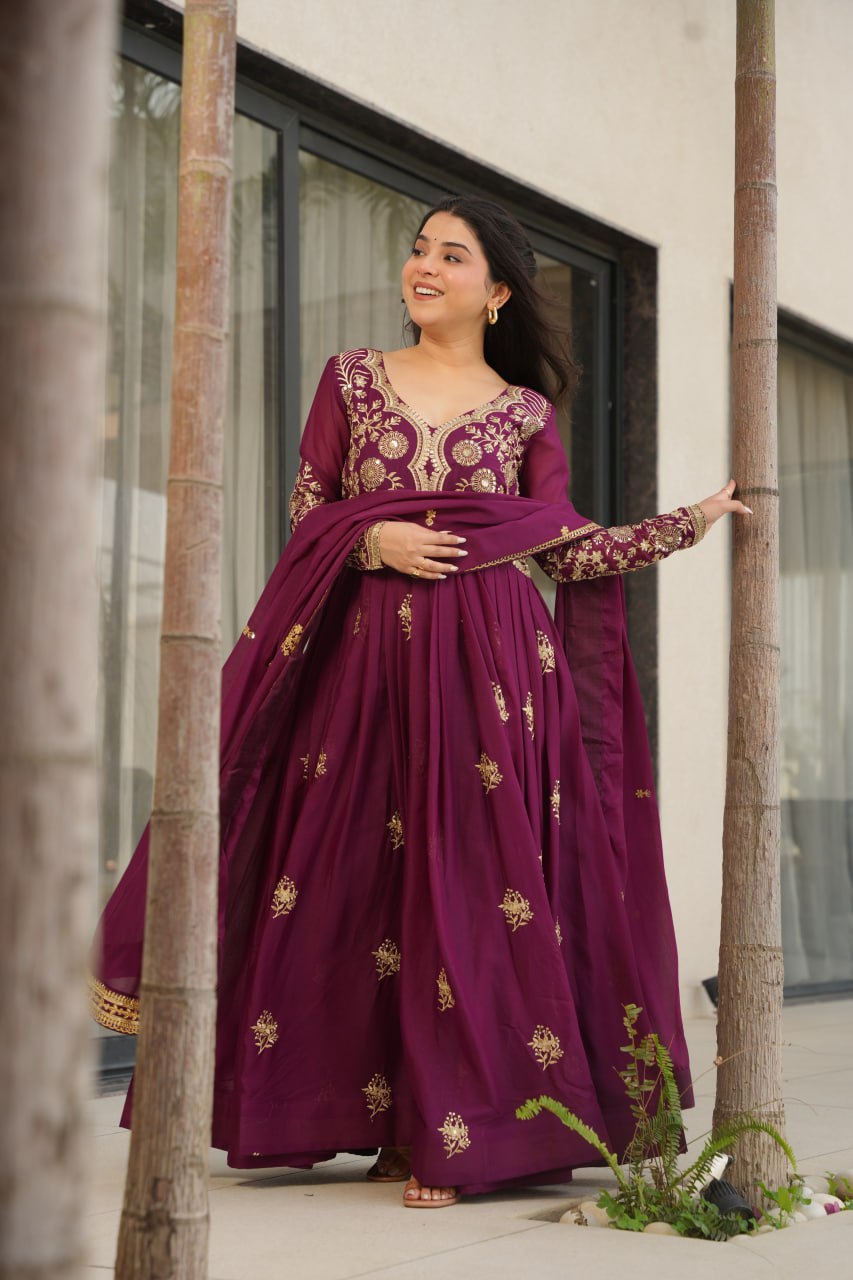Wine Star Georgette Embroidered Gown with Sequins Work & Designer Dupatta – Festiv Collection ClothsVilla