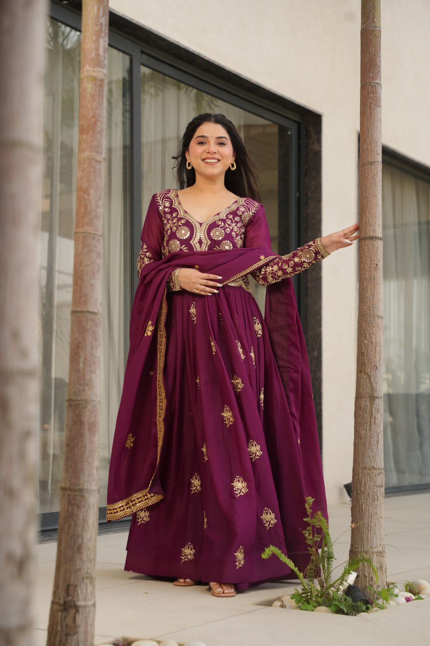 Wine Star Georgette Embroidered Gown with Sequins Work & Designer Dupatta – Festiv Collection ClothsVilla Main image
