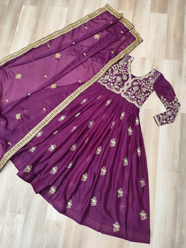 Wine Star Georgette Embroidered Gown with Sequins Work & Designer Dupatta – Festiv Collection ClothsVilla