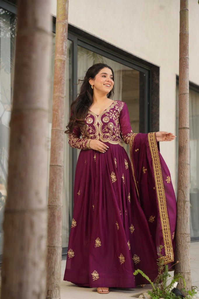 Wine Star Georgette Embroidered Gown with Sequins Work & Designer Dupatta – Festiv Collection ClothsVilla