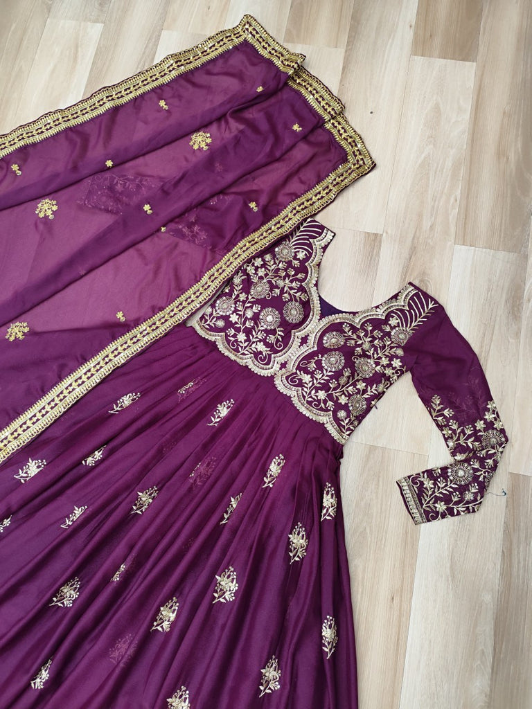 Wine Star Georgette Embroidered Gown with Sequins Work & Designer Dupatta – Festiv Collection ClothsVilla