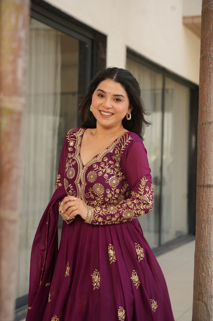 Wine Star Georgette Embroidered Gown with Sequins Work & Designer Dupatta – Festiv Collection ClothsVilla