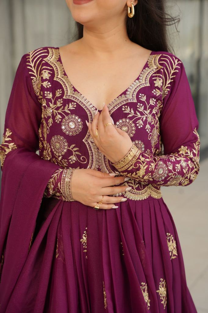Wine Star Georgette Embroidered Gown with Sequins Work & Designer Dupatta – Festiv Collection ClothsVilla