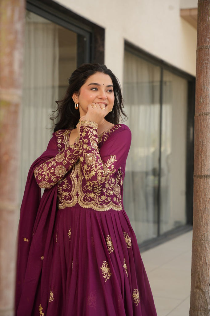 Wine Star Georgette Embroidered Gown with Sequins Work & Designer Dupatta – Festiv Collection ClothsVilla