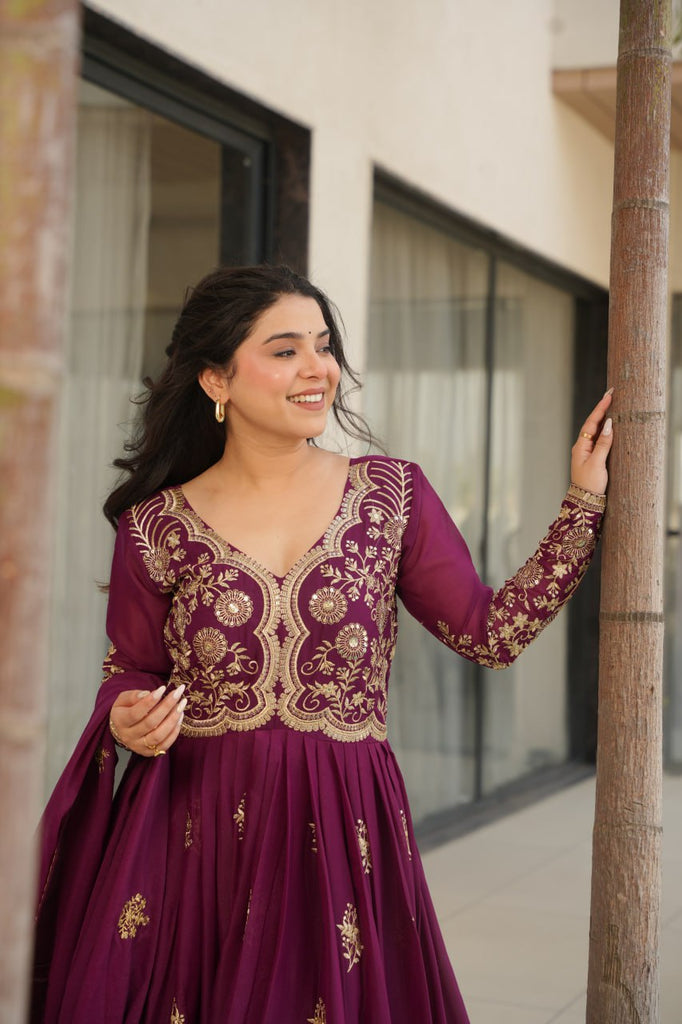 Wine Star Georgette Embroidered Gown with Sequins Work & Designer Dupatta – Festiv Collection ClothsVilla