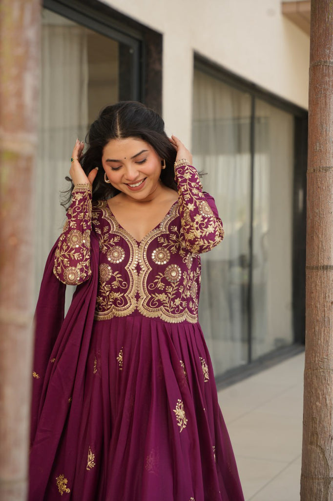 Wine Star Georgette Embroidered Gown with Sequins Work & Designer Dupatta – Festiv Collection ClothsVilla