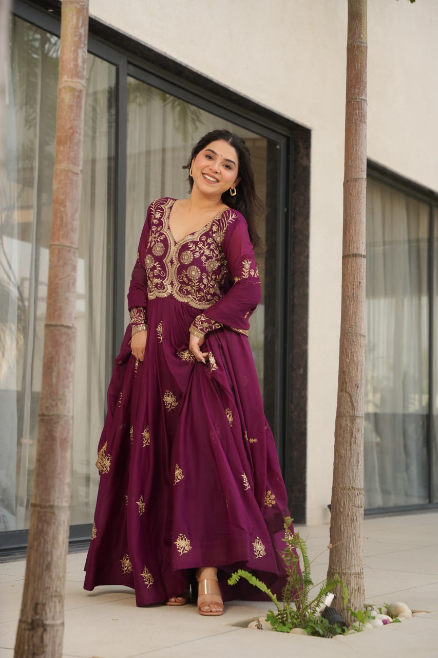 Wine Star Georgette Embroidered Gown with Sequins Work & Designer Dupatta – Festiv Collection ClothsVilla