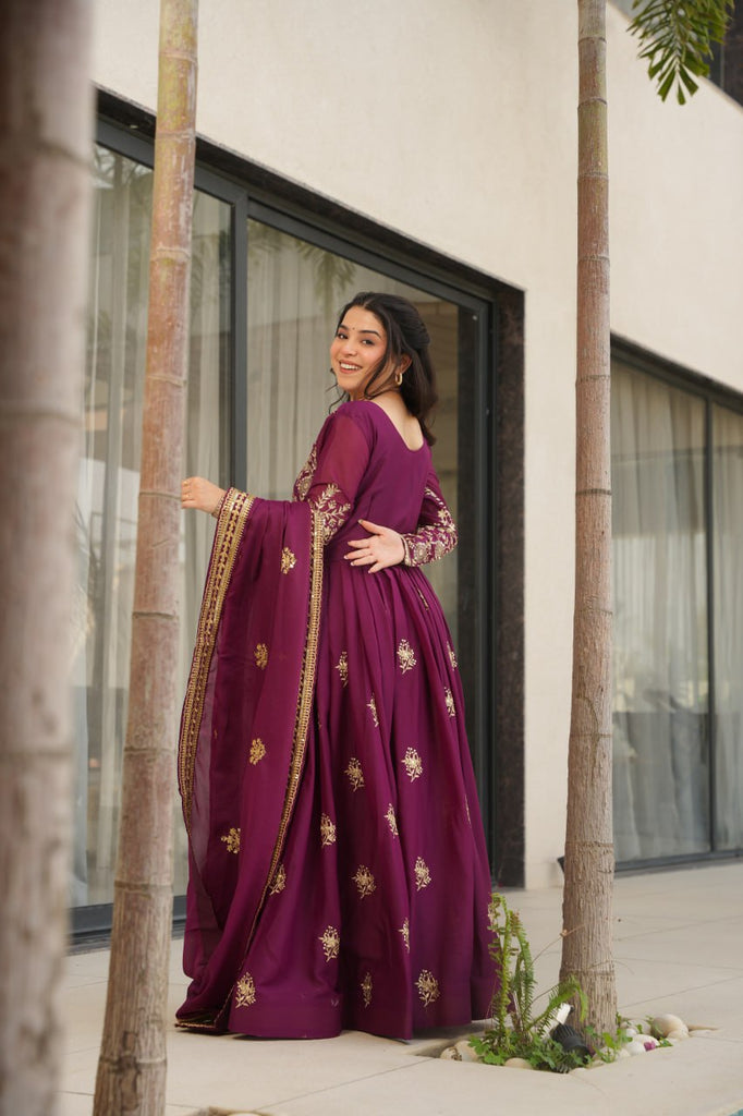 Wine Star Georgette Embroidered Gown with Sequins Work & Designer Dupatta – Festiv Collection ClothsVilla