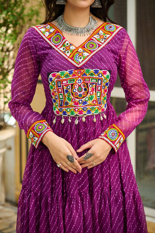 Wine Traditional Laheriya Print Faux Georgette Gown with Kutchi Patchwork – 12 Meter Flair ClothsVilla
