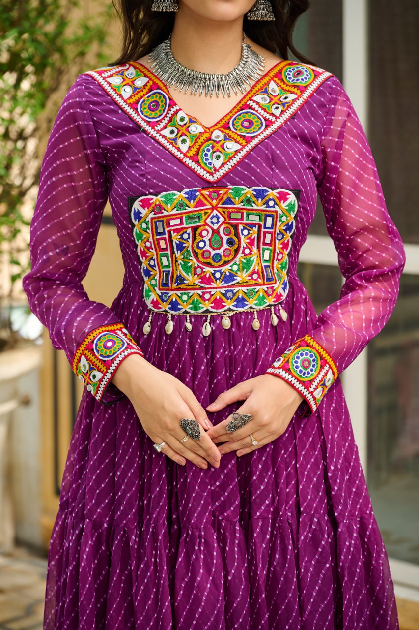 Wine Traditional Laheriya Print Faux Georgette Gown with Kutchi Patchwork – 12 Meter Flair ClothsVilla