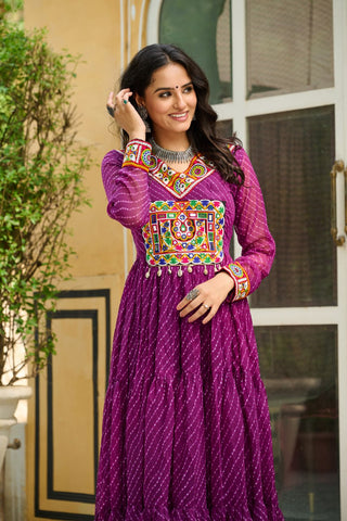 Wine Traditional Laheriya Print Faux Georgette Gown with Kutchi Patchwork – 12 Meter Flair ClothsVilla