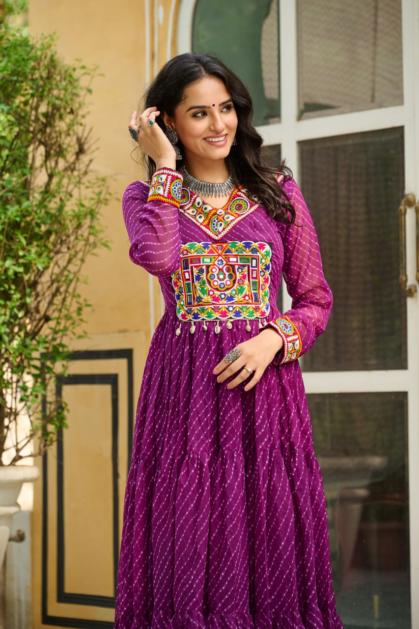 Wine Traditional Laheriya Print Faux Georgette Gown with Kutchi Patchwork – 12 Meter Flair ClothsVilla