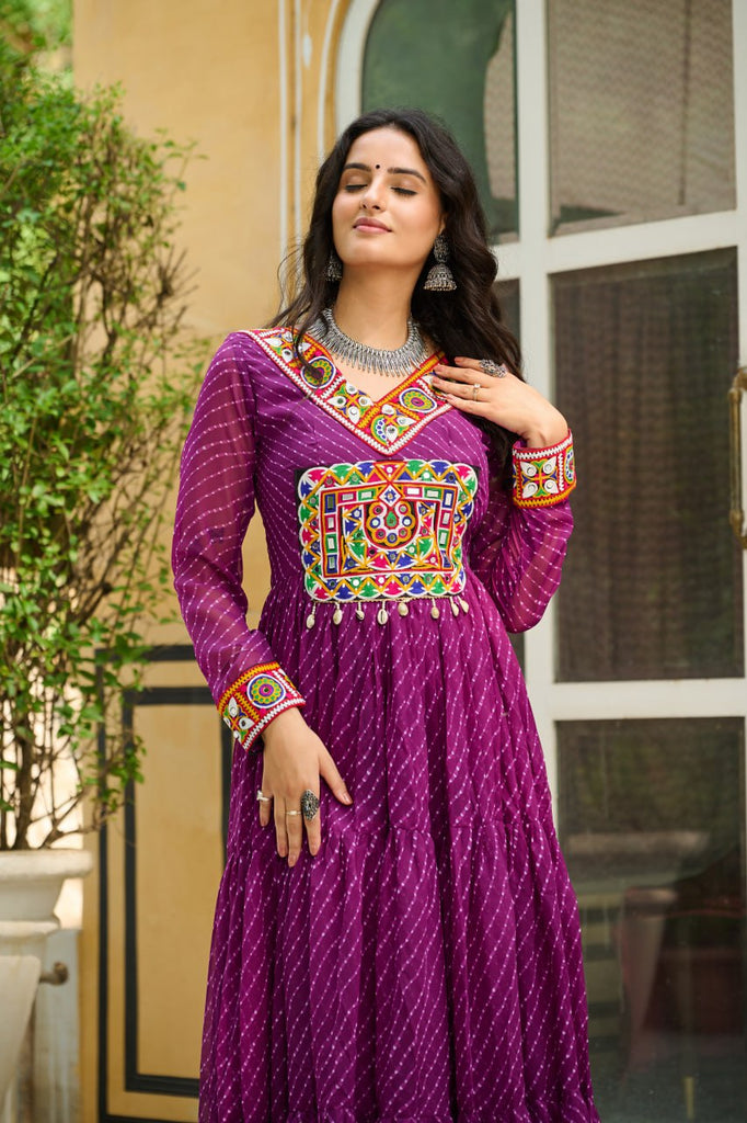 Wine Traditional Laheriya Print Faux Georgette Gown with Kutchi Patchwork – 12 Meter Flair ClothsVilla