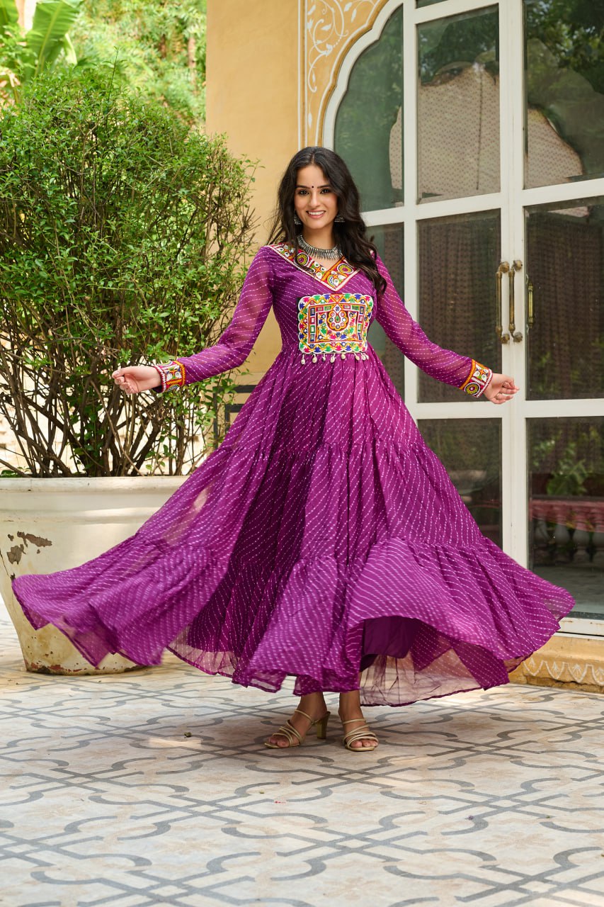 Wine Traditional Laheriya Print Faux Georgette Gown with Kutchi Patchwork – 12 Meter Flair ClothsVilla