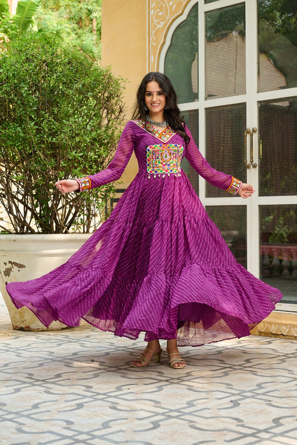Wine Traditional Laheriya Print Faux Georgette Gown with Kutchi Patchwork – 12 Meter Flair ClothsVilla