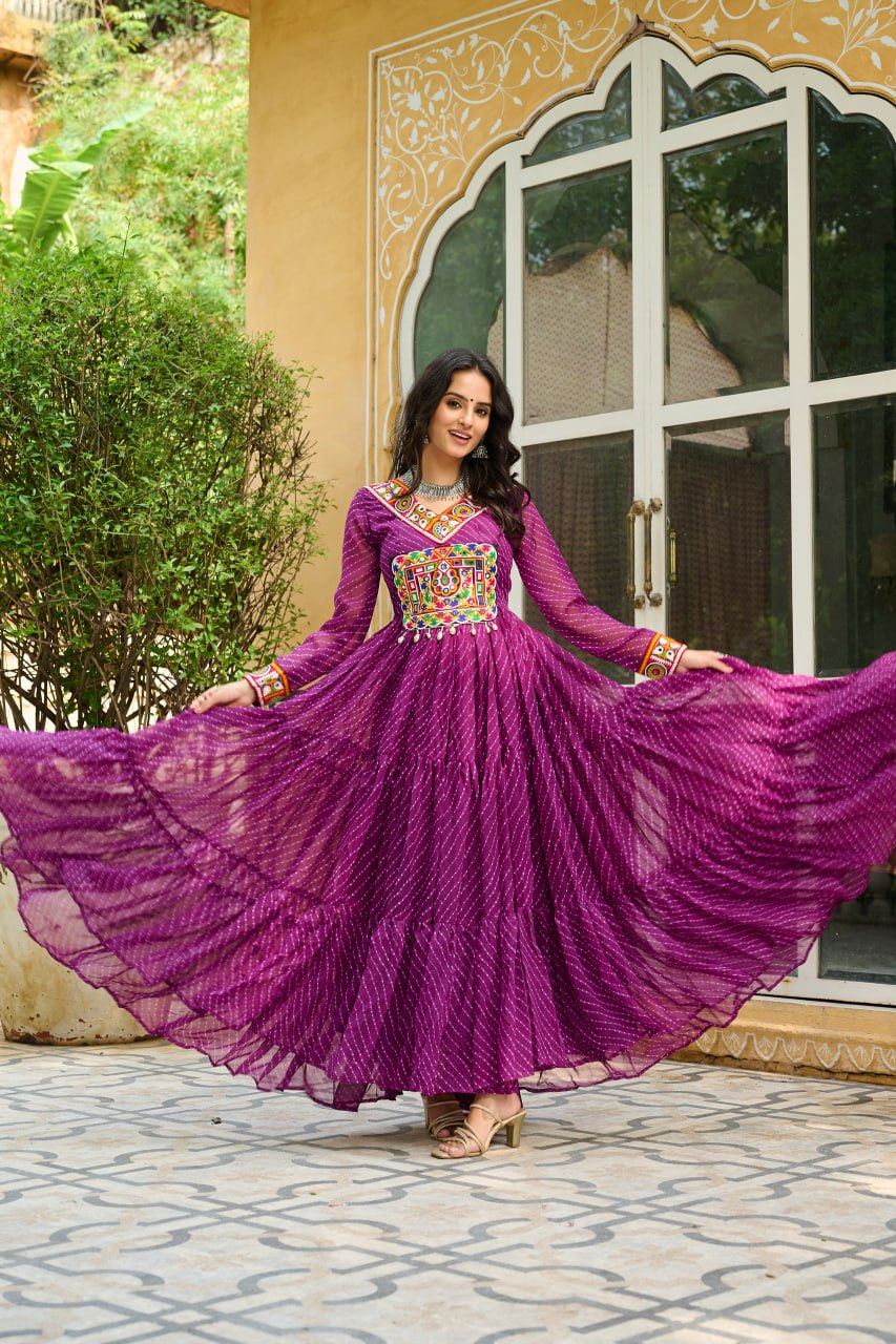 Wine Traditional Laheriya Print Faux Georgette Gown with Kutchi Patchwork – 12 Meter Flair ClothsVilla