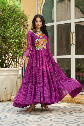 Wine Traditional Laheriya Print Faux Georgette Gown with Kutchi Patchwork – 12 Meter Flair ClothsVilla