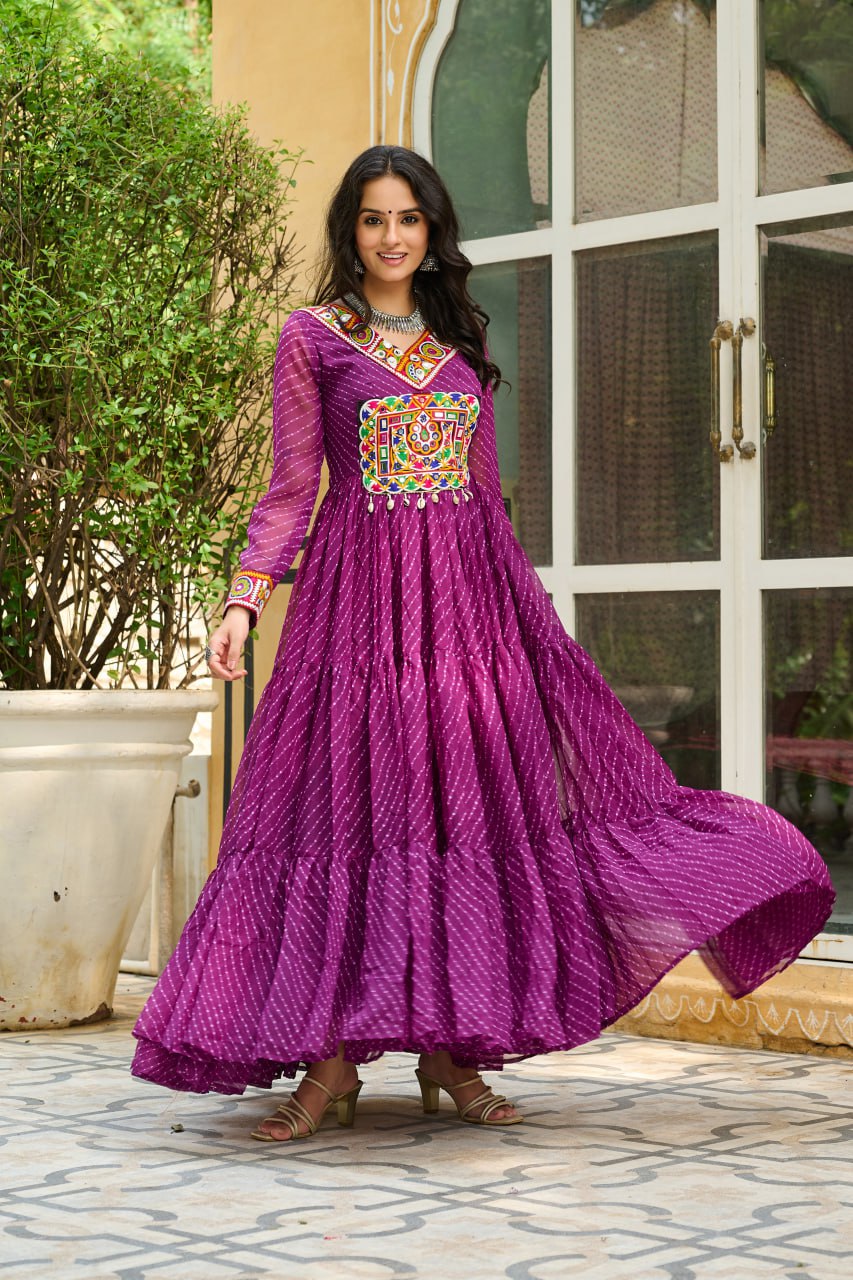 Wine Traditional Laheriya Print Faux Georgette Gown with Kutchi Patchwork – 12 Meter Flair ClothsVilla