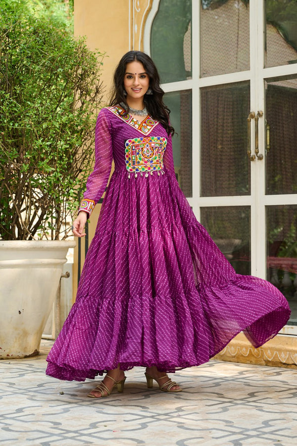 Wine Traditional Laheriya Print Faux Georgette Gown with Kutchi Patchwork – 12 Meter Flair ClothsVilla