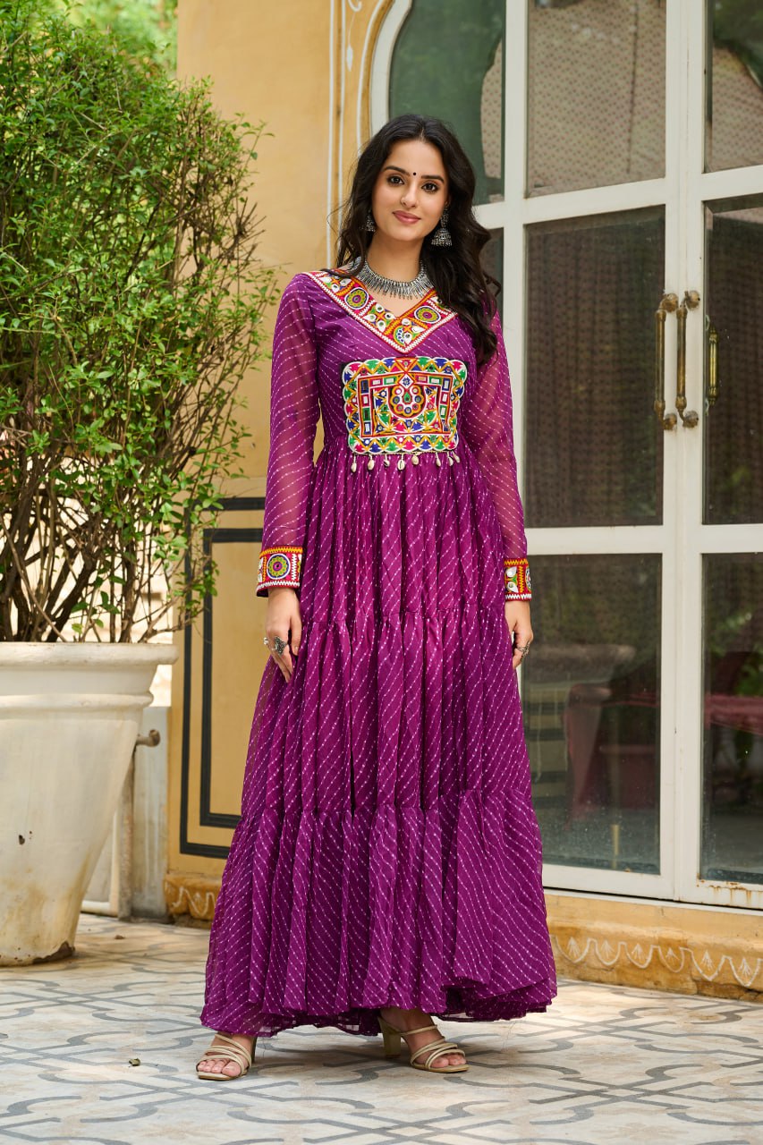 Wine Traditional Laheriya Print Faux Georgette Gown with Kutchi Patchwork – 12 Meter Flair ClothsVilla